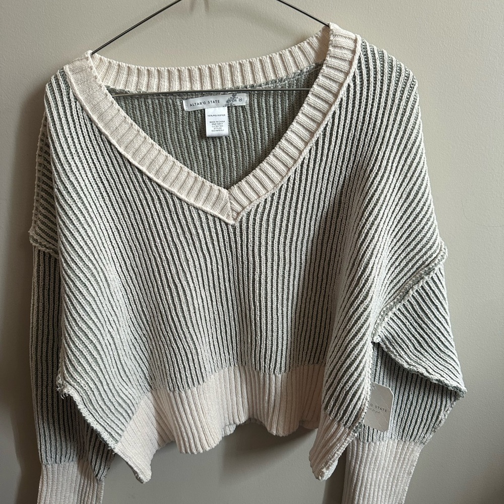 Altar'd State V-Neck Sweater in Cream and Gray